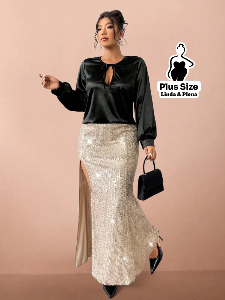 Conjunto Blusa Cetim Com Laço E Saia Brilhante Fenda Plus Size Conjunto Blusa Cetim Com Laço E Saia Brilhante Fenda