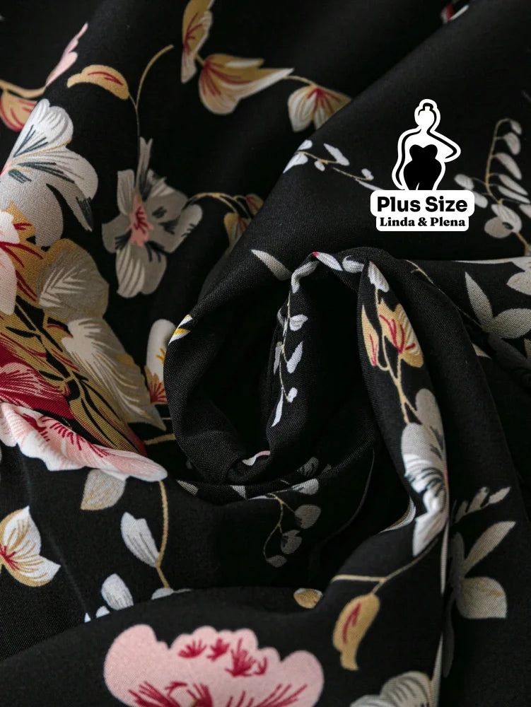 Conjunto Blusa Com Babados E Saia Midi Estampada Plus Size Conjunto Blusa Com Babados E Saia Midi Estampada Plus Size