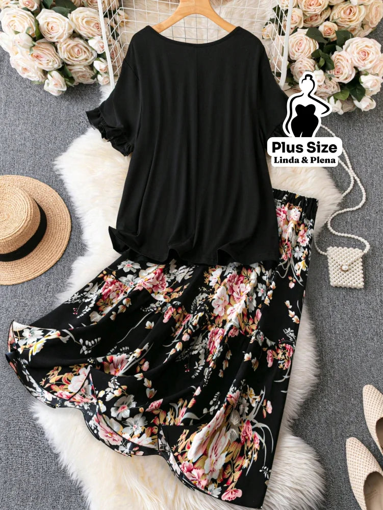 Conjunto Blusa Com Babados E Saia Midi Estampada Plus Size Conjunto Blusa Com Babados E Saia Midi Estampada Plus Size