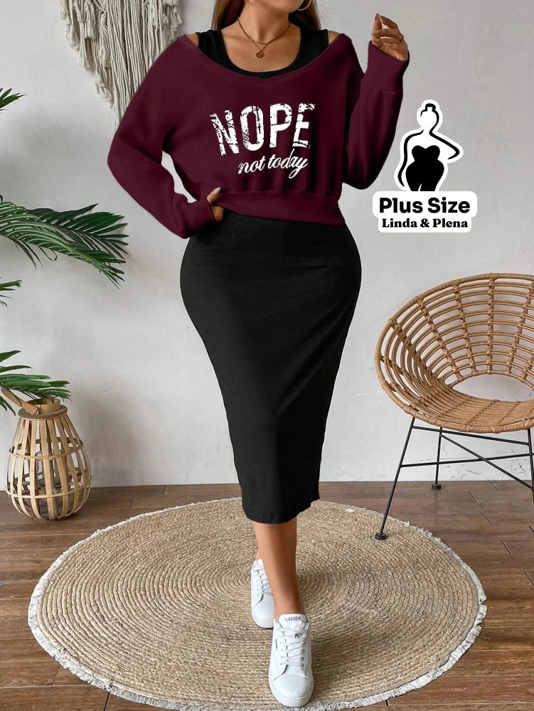 Conjunto Blusa Cropped Manga Longa E Saia Midi Plus Size Conjunto Blusa Cropped Manga Longa E Saia Midi Plus Size