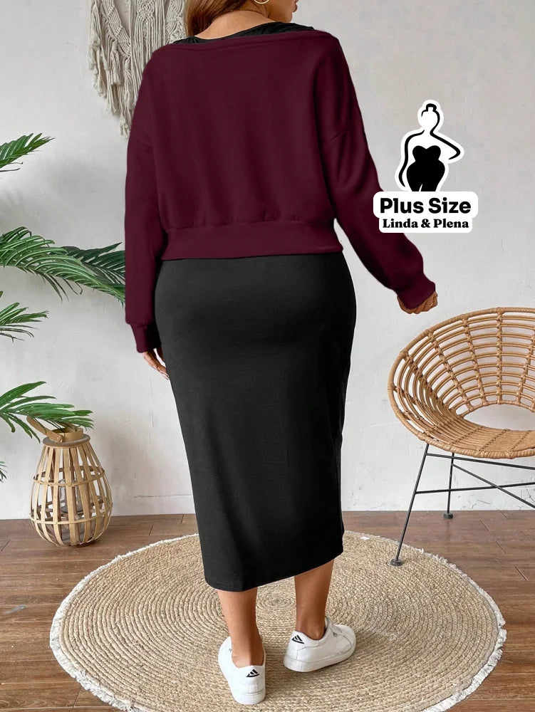 Conjunto Blusa Cropped Manga Longa E Saia Midi Plus Size Conjunto Blusa Cropped Manga Longa E Saia Midi Plus Size