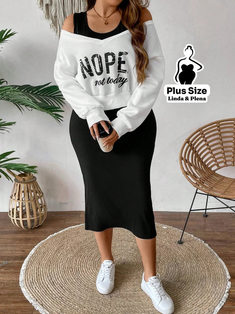 Conjunto Blusa Cropped Manga Longa E Saia Midi Plus Size Conjunto Blusa Cropped Manga Longa E Saia Midi Plus Size