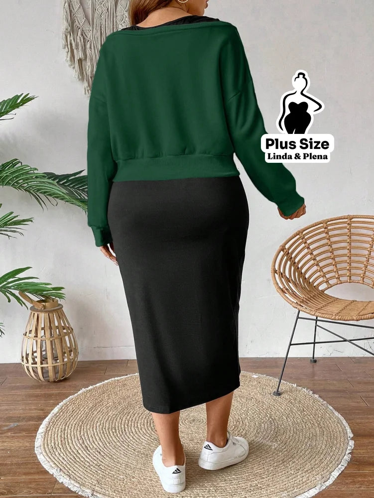 Conjunto Blusa Cropped Manga Longa E Saia Midi Plus Size Conjunto Blusa Cropped Manga Longa E Saia Midi Plus Size