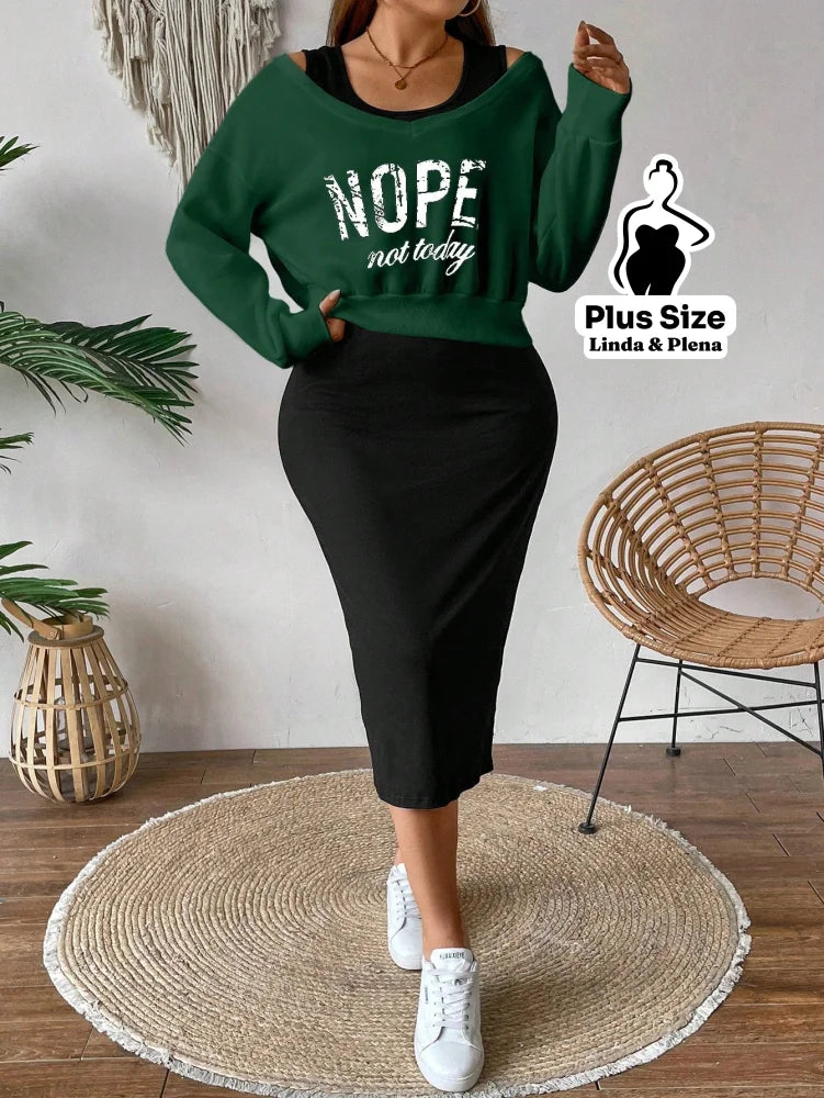 Conjunto Blusa Cropped Manga Longa E Saia Midi Plus Size Conjunto Blusa Cropped Manga Longa E Saia Midi Plus Size
