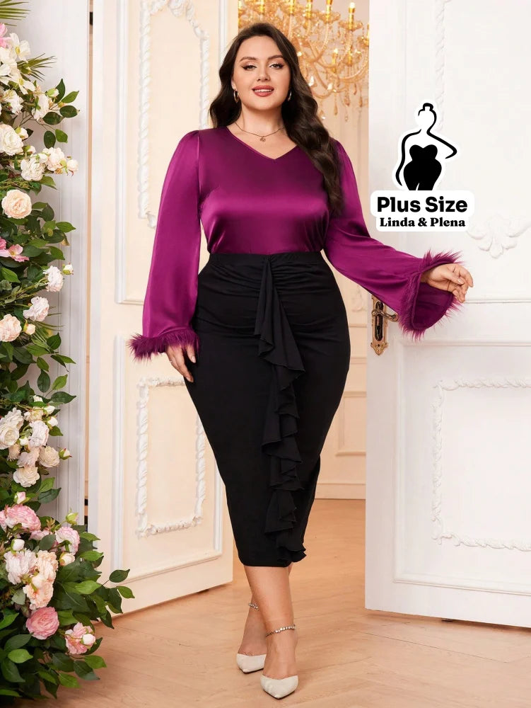 Conjunto Blusa De Cetim Com Manga De Plumas E Saia Plus Size Conjunto Blusa De Cetim Com Manga De Plumas E Saia Plus
