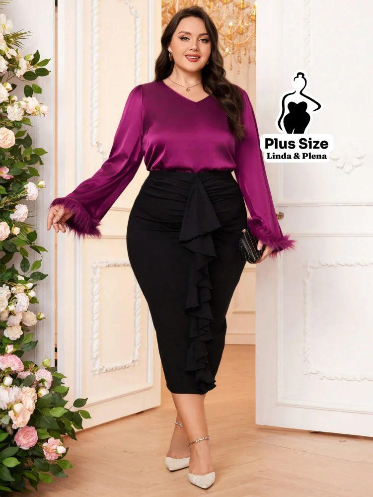 Conjunto Blusa De Cetim Com Manga De Plumas E Saia Plus Size Conjunto Blusa De Cetim Com Manga De Plumas E Saia Plus