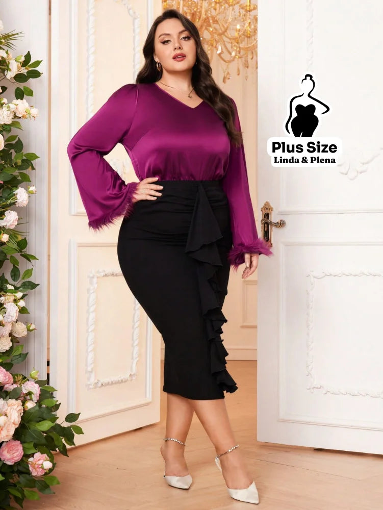 Conjunto Blusa De Cetim Com Manga De Plumas E Saia Plus Size Conjunto Blusa De Cetim Com Manga De Plumas E Saia Plus