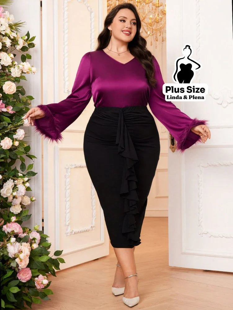 Conjunto Blusa De Cetim Com Manga De Plumas E Saia Plus Size Conjunto Blusa De Cetim Com Manga De Plumas E Saia Plus