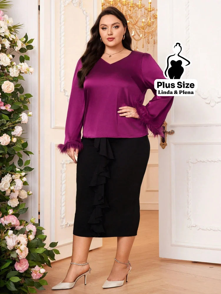 Conjunto Blusa De Cetim Com Manga De Plumas E Saia Plus Size Conjunto Blusa De Cetim Com Manga De Plumas E Saia Plus