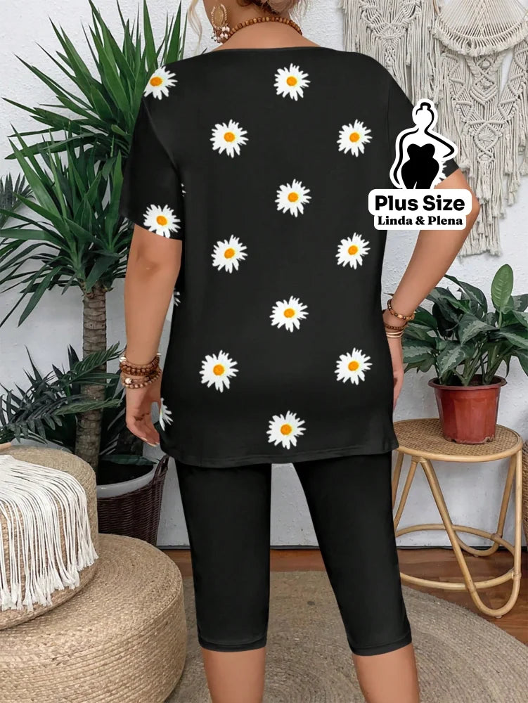 Conjunto Blusa Estampada Manga Curta Calça Capri Plus Size Conjunto Blusa Estampada Manga Curta Calça Capri Plus Size