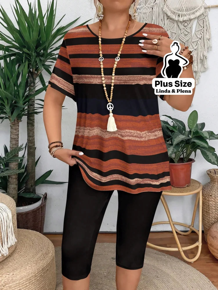 Conjunto Blusa Estampada Manga Curta Calça Capri Plus Size Conjunto Blusa Estampada Manga Curta Calça Capri Plus Size