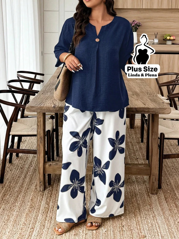 Conjunto Blusa Manga 3 4 Botões Pantalona Estampada Plus Size Conjunto Blusa Manga 3 4 Botões Pantalona Estampada Plus
