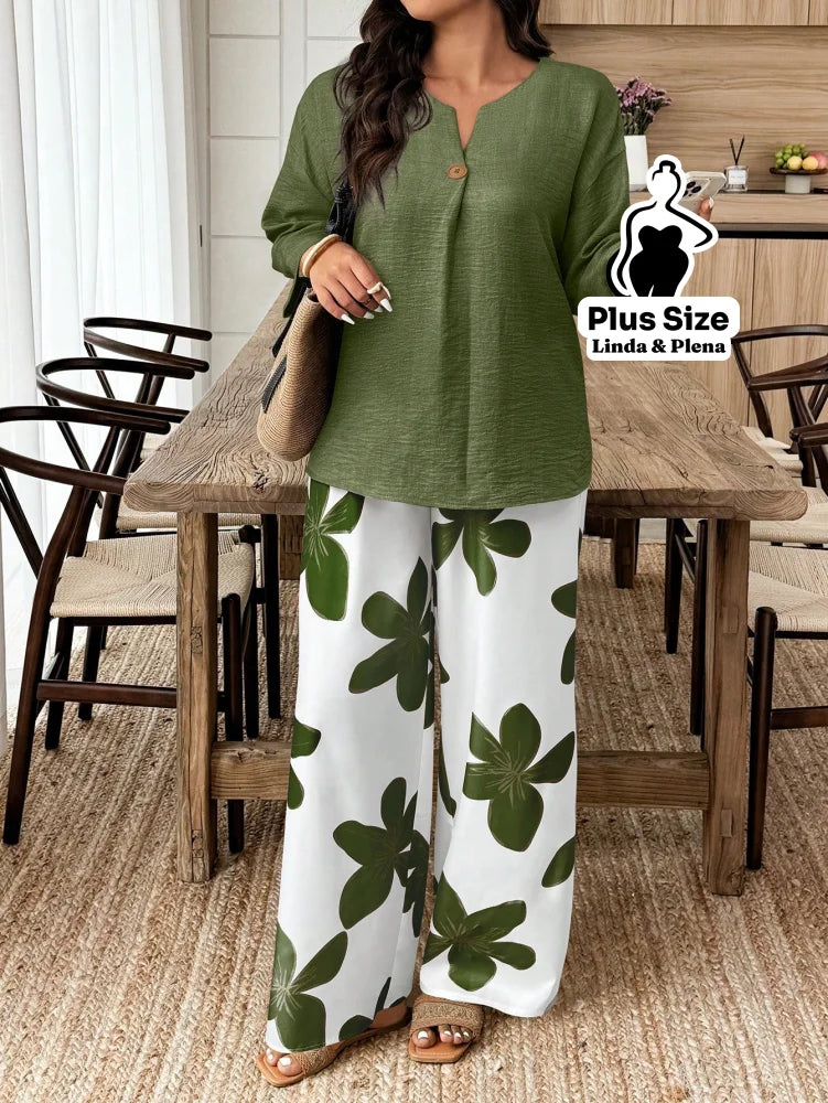 Conjunto Blusa Manga 3 4 Botões Pantalona Estampada Plus Size Conjunto Blusa Manga 3 4 Botões Pantalona Estampada Plus