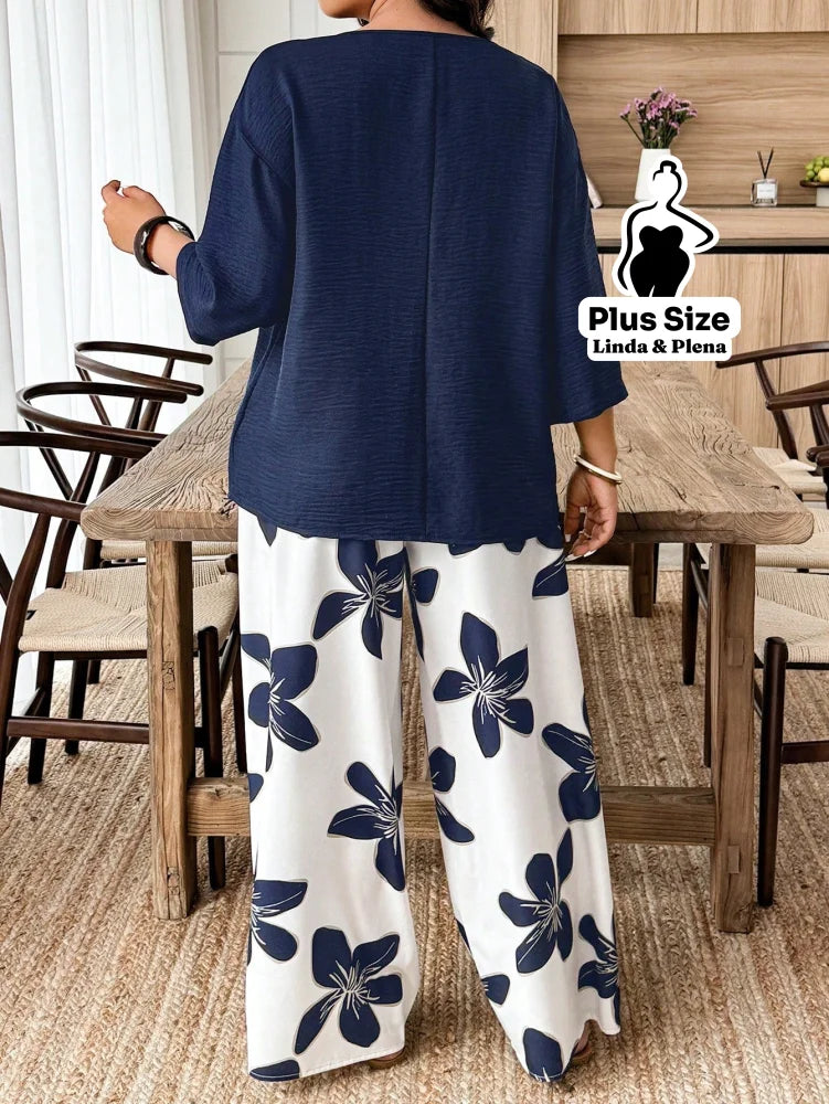 Conjunto Blusa Manga 3 4 Botões Pantalona Estampada Plus Size Conjunto Blusa Manga 3 4 Botões Pantalona Estampada Plus