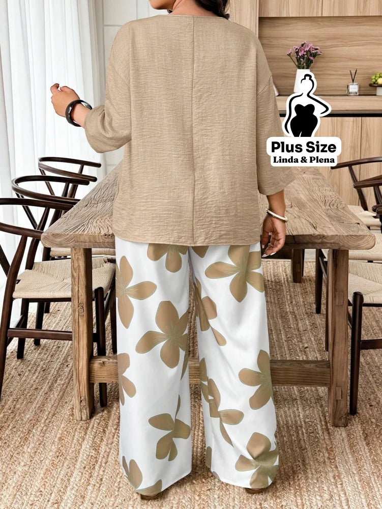Conjunto Blusa Manga 3 4 Botões Pantalona Estampada Plus Size Conjunto Blusa Manga 3 4 Botões Pantalona Estampada Plus