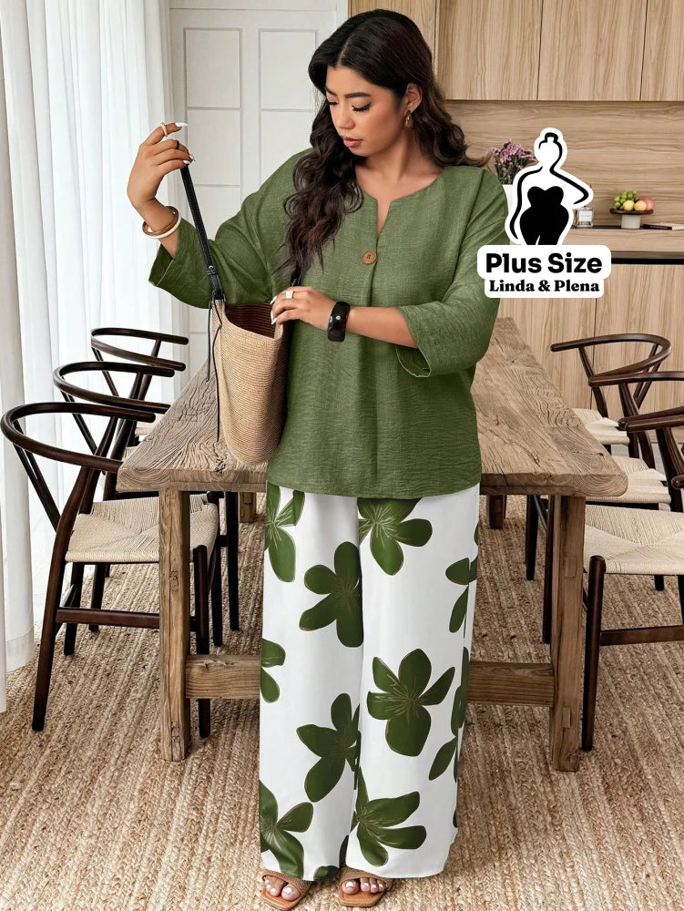 Conjunto Blusa Manga 3 4 Botões Pantalona Estampada Plus Size Conjunto Blusa Manga 3 4 Botões Pantalona Estampada Plus