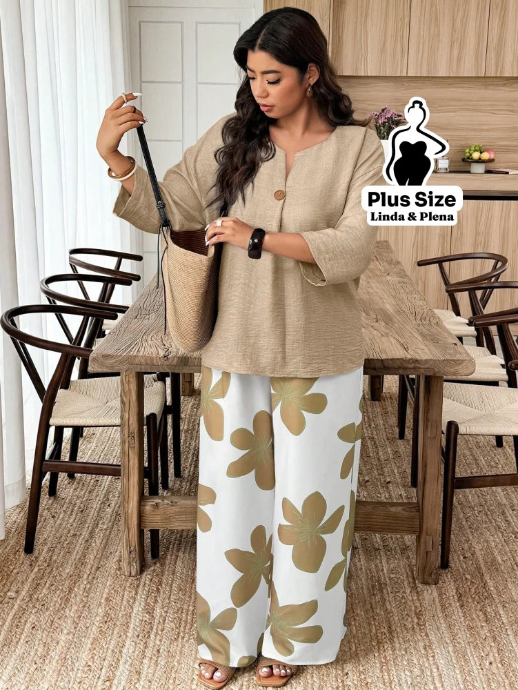 Conjunto Blusa Manga 3 4 Botões Pantalona Estampada Plus Size Conjunto Blusa Manga 3 4 Botões Pantalona Estampada Plus