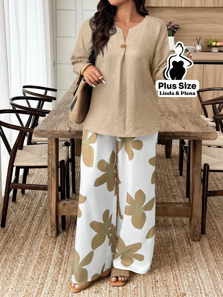 Conjunto Blusa Manga 3 4 Botões Pantalona Estampada Plus Size Conjunto Blusa Manga 3 4 Botões Pantalona Estampada Plus