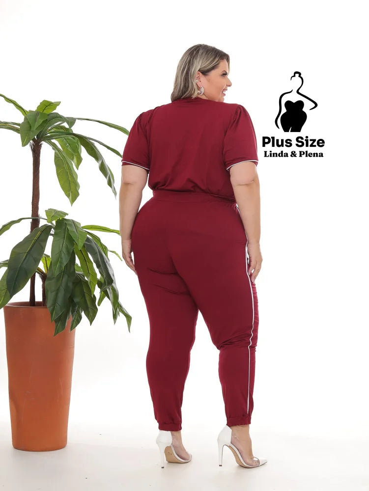 Conjunto Blusa Manga Curta Calça Jogger Faixa Lateral Plus Size Conjunto Blusa Manga Curta Calça Jogger Faixa Lateral