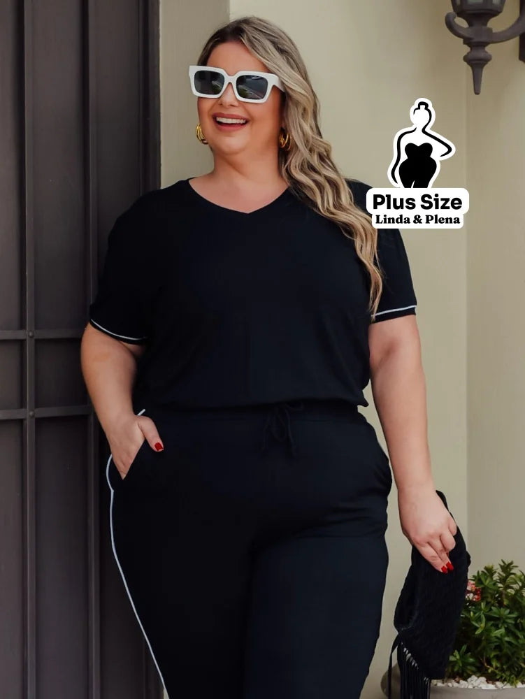Conjunto Blusa Manga Curta Calça Jogger Faixa Lateral Plus Size Conjunto Blusa Manga Curta Calça Jogger Faixa Lateral