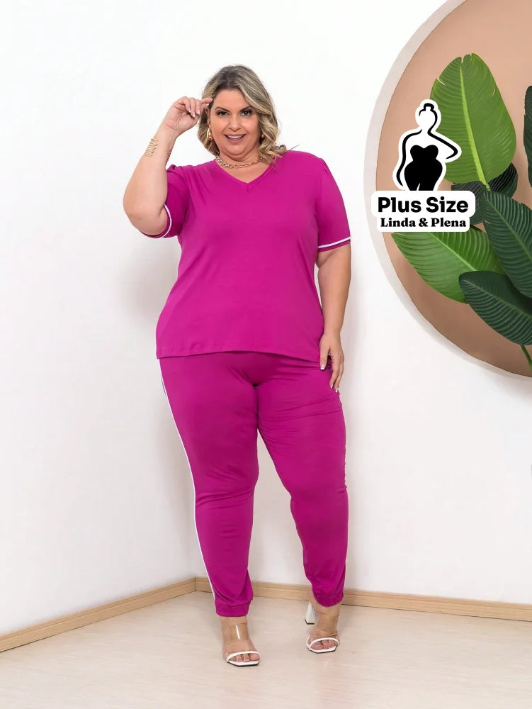 Conjunto Blusa Manga Curta Calça Jogger Faixa Lateral Plus Size Conjunto Blusa Manga Curta Calça Jogger Faixa Lateral