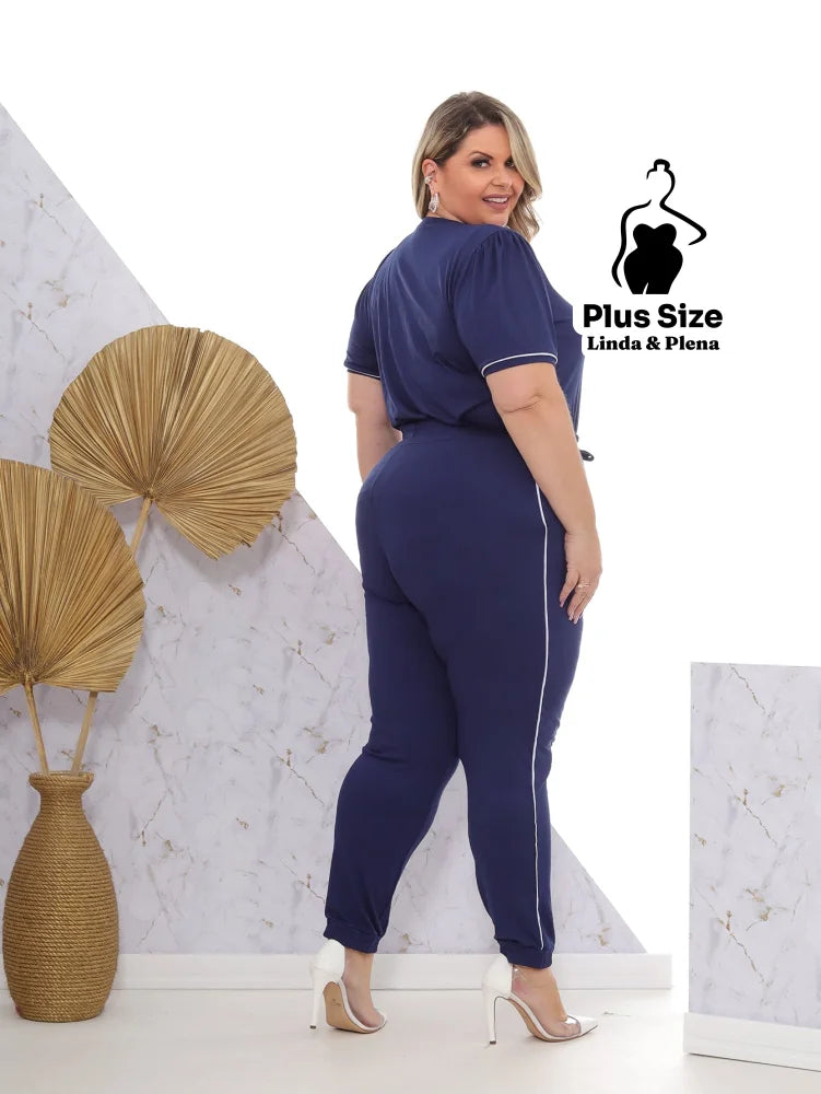 Conjunto Blusa Manga Curta Calça Jogger Faixa Lateral Plus Size Conjunto Blusa Manga Curta Calça Jogger Faixa Lateral