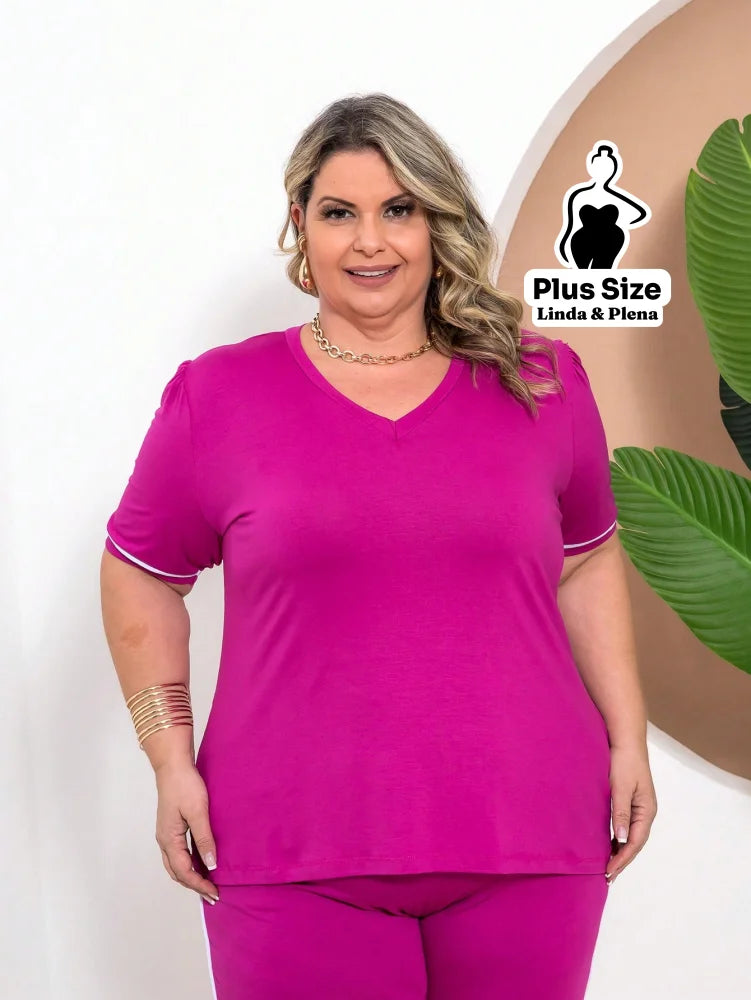 Conjunto Blusa Manga Curta Calça Jogger Faixa Lateral Plus Size Conjunto Blusa Manga Curta Calça Jogger Faixa Lateral