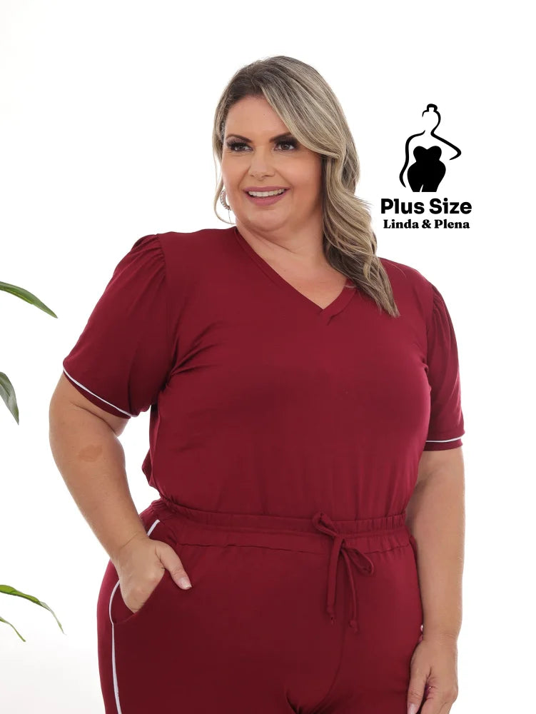 Conjunto Blusa Manga Curta Calça Jogger Faixa Lateral Plus Size Conjunto Blusa Manga Curta Calça Jogger Faixa Lateral