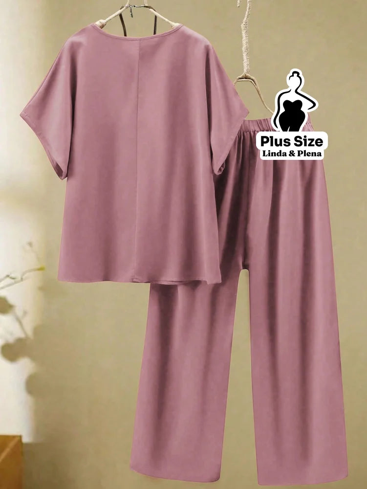 Conjunto Blusa Manga Curta Calça Pantalona Cós Elástico Plus Size Conjunto Blusa Manga Curta Calça Pantalona Cós