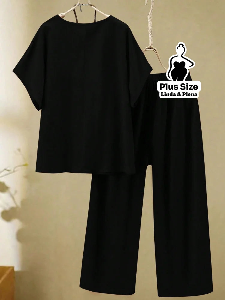 Conjunto Blusa Manga Curta Calça Pantalona Cós Elástico Plus Size Conjunto Blusa Manga Curta Calça Pantalona Cós