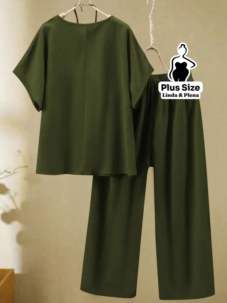 Conjunto Blusa Manga Curta Calça Pantalona Cós Elástico Plus Size Conjunto Blusa Manga Curta Calça Pantalona Cós