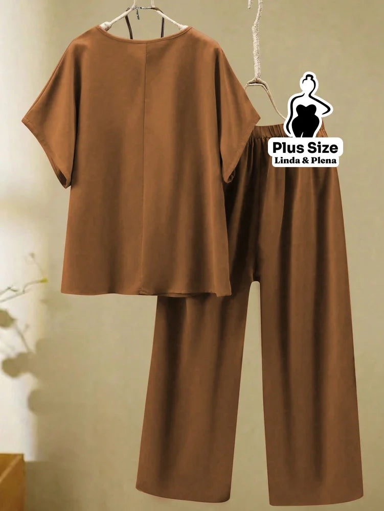 Conjunto Blusa Manga Curta Calça Pantalona Cós Elástico Plus Size Conjunto Blusa Manga Curta Calça Pantalona Cós