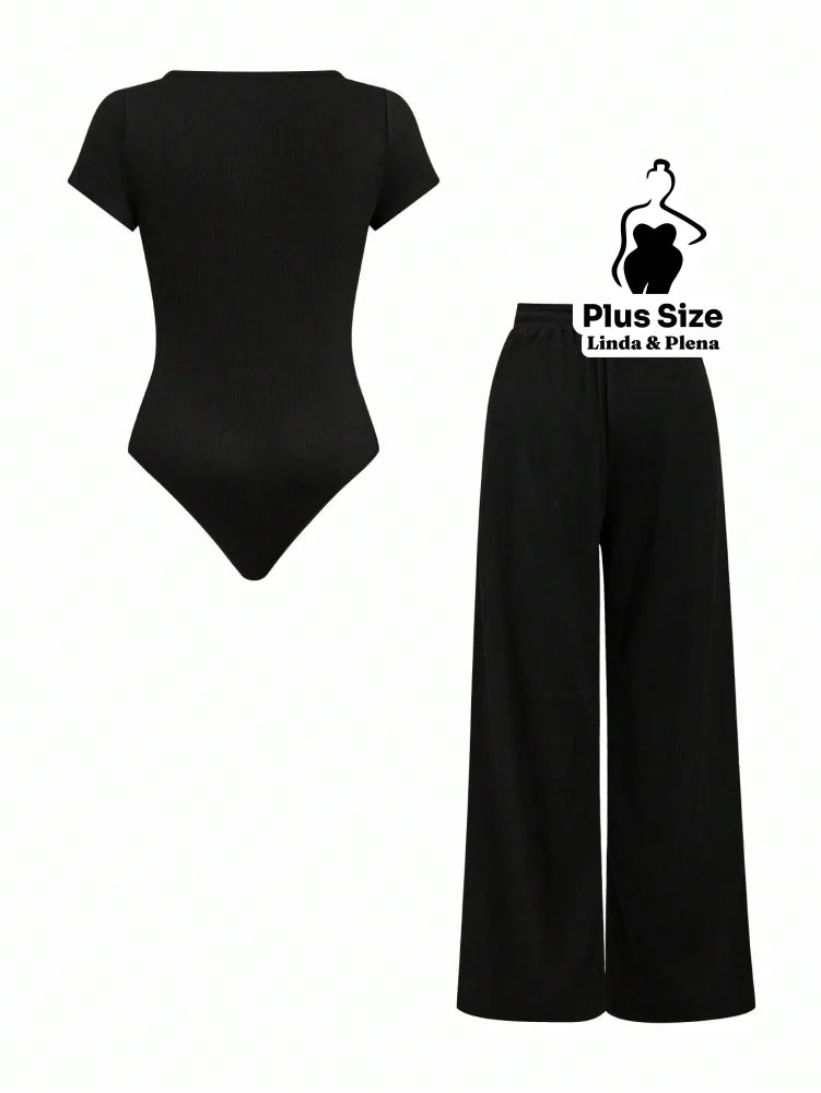 Conjunto Blusa Manga Curta Com Decote E Calça Pantalona Plus Size Conjunto Blusa Manga Curta Com Decote E Calça