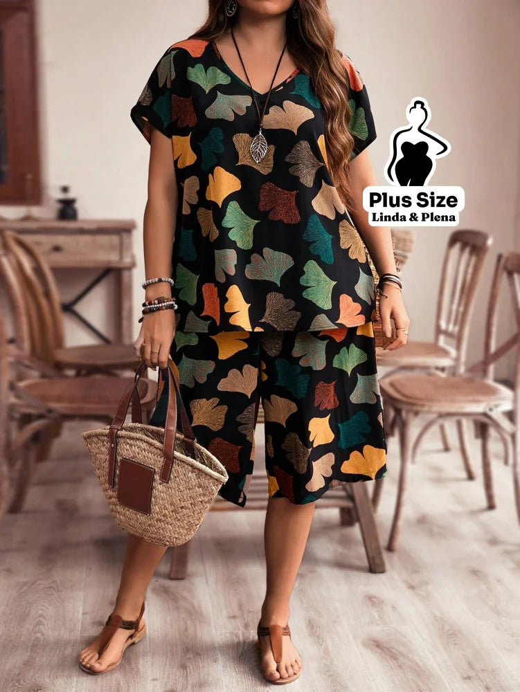 Conjunto Blusa Manga Curta Decote Calça Pantacourt Plus Size Conjunto Blusa Manga Curta Decote Calça Pantacourt Plus