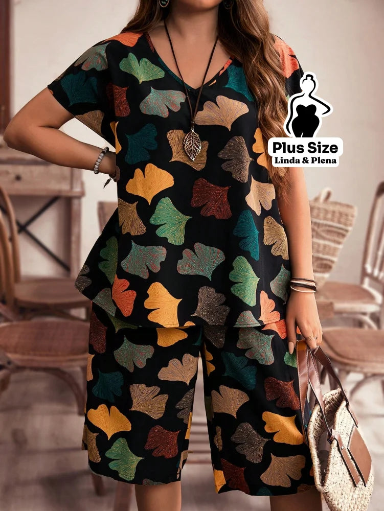 Conjunto Blusa Manga Curta Decote Calça Pantacourt Plus Size Conjunto Blusa Manga Curta Decote Calça Pantacourt Plus