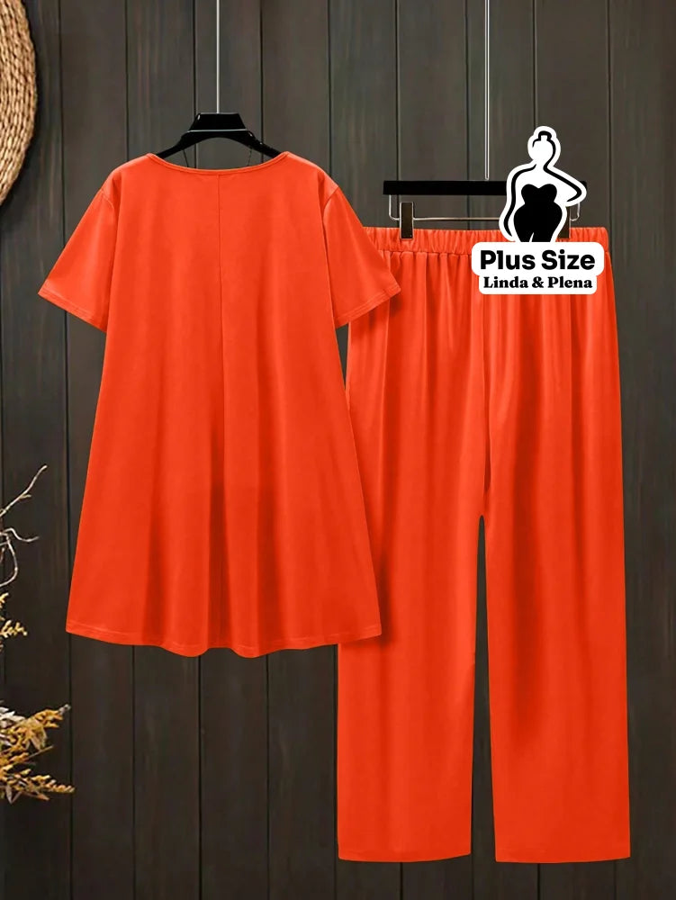 Conjunto Blusa Manga Curta Decote e Calça Cós Elástico Plus Size Conjunto Blusa Manga Curta Decote e Calça Cós Elástico