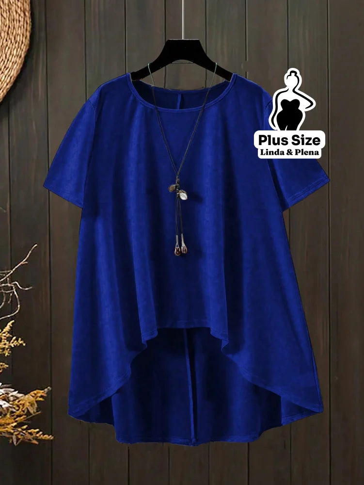 Conjunto Blusa Manga Curta Decote e Calça Cós Elástico Plus Size Conjunto Blusa Manga Curta Decote e Calça Cós Elástico