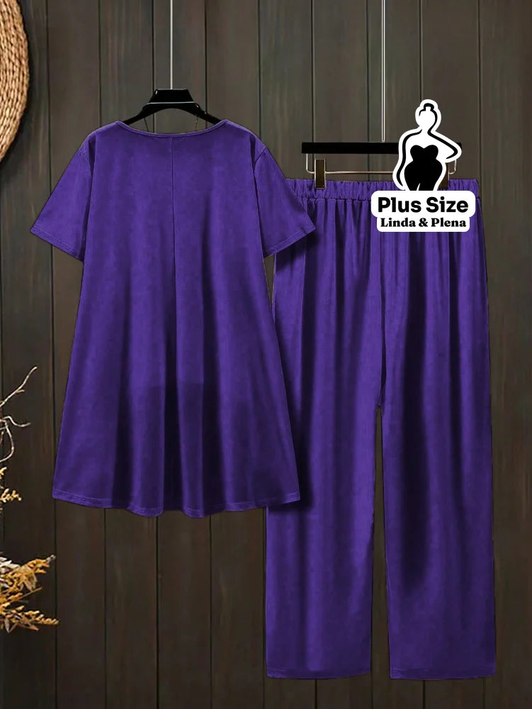 Conjunto Blusa Manga Curta Decote e Calça Cós Elástico Plus Size Conjunto Blusa Manga Curta Decote e Calça Cós Elástico