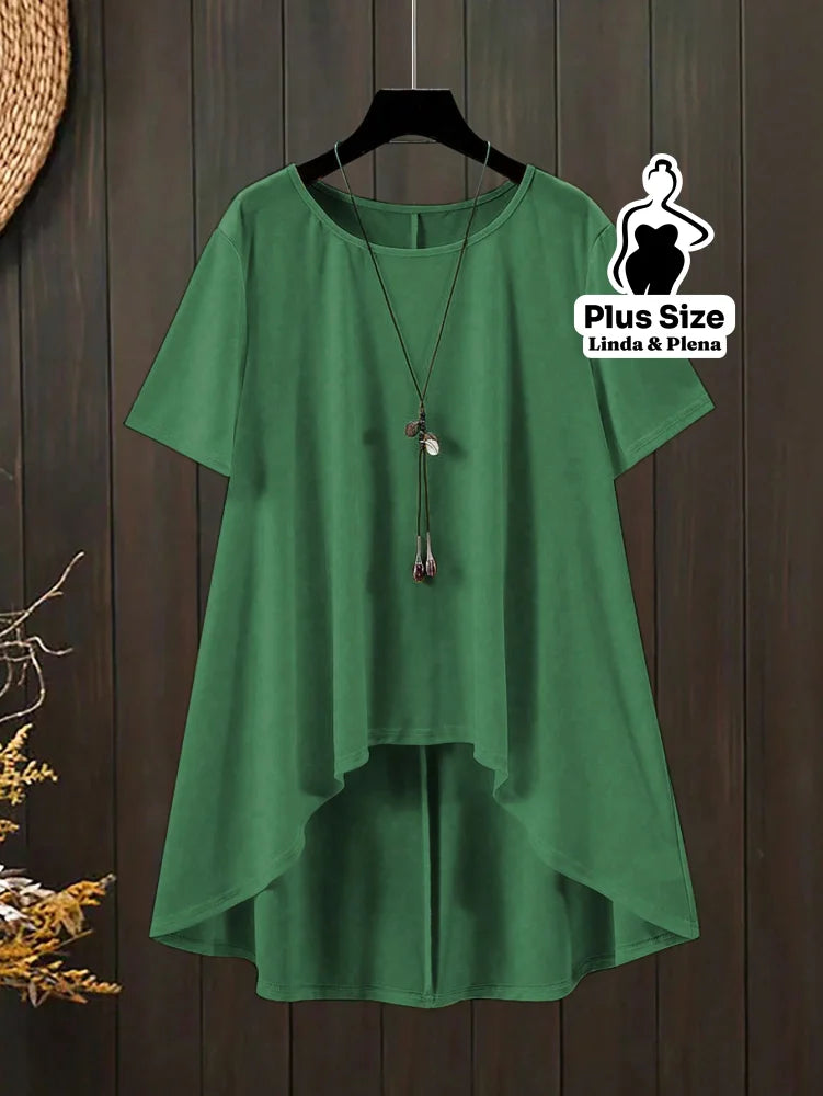 Conjunto Blusa Manga Curta Decote e Calça Cós Elástico Plus Size Conjunto Blusa Manga Curta Decote e Calça Cós Elástico