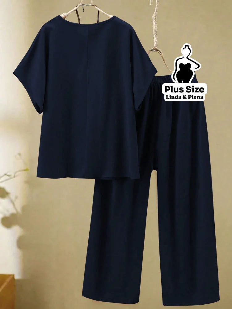 Conjunto Blusa Manga Curta Decote V Botões Calça Plus Size Conjunto Blusa Manga Curta Decote V Botões Calça Plus Size