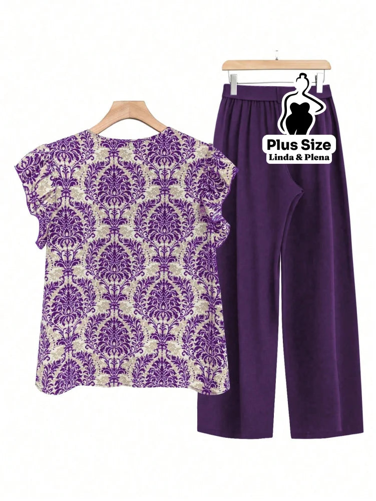 Conjunto Blusa Manga Curta Detalhe Babado Pantalona Plus Size Conjunto Blusa Manga Curta Detalhe Babado Pantalona Plus