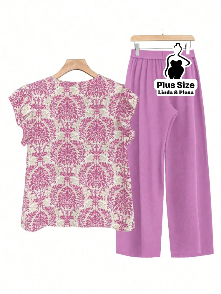 Conjunto Blusa Manga Curta Detalhe Babado Pantalona Plus Size Conjunto Blusa Manga Curta Detalhe Babado Pantalona Plus