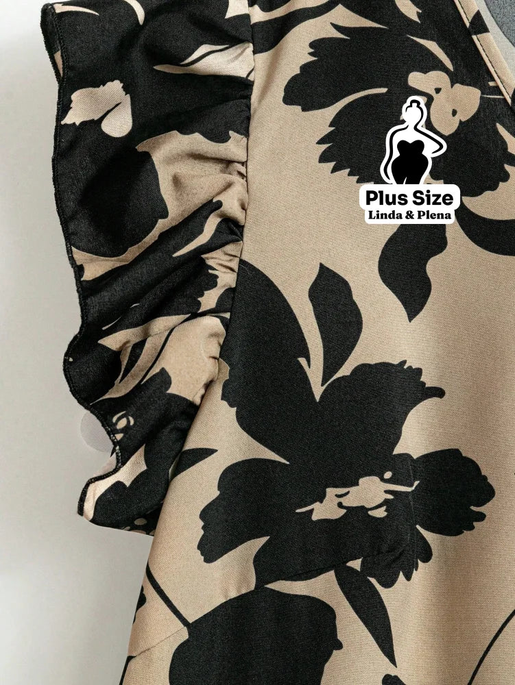 Conjunto Blusa Manga Curta Detalhe Babado Pantalona Plus Size Conjunto Blusa Manga Curta Detalhe Babado Pantalona Plus