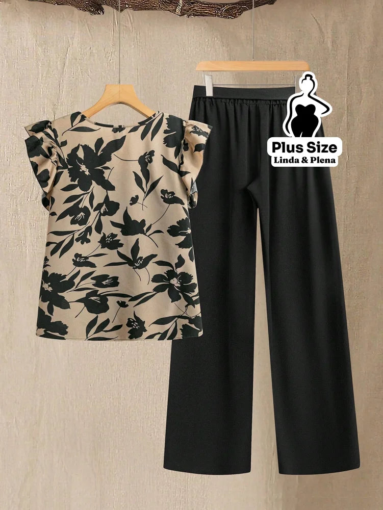 Conjunto Blusa Manga Curta Detalhe Babado Pantalona Plus Size Conjunto Blusa Manga Curta Detalhe Babado Pantalona Plus