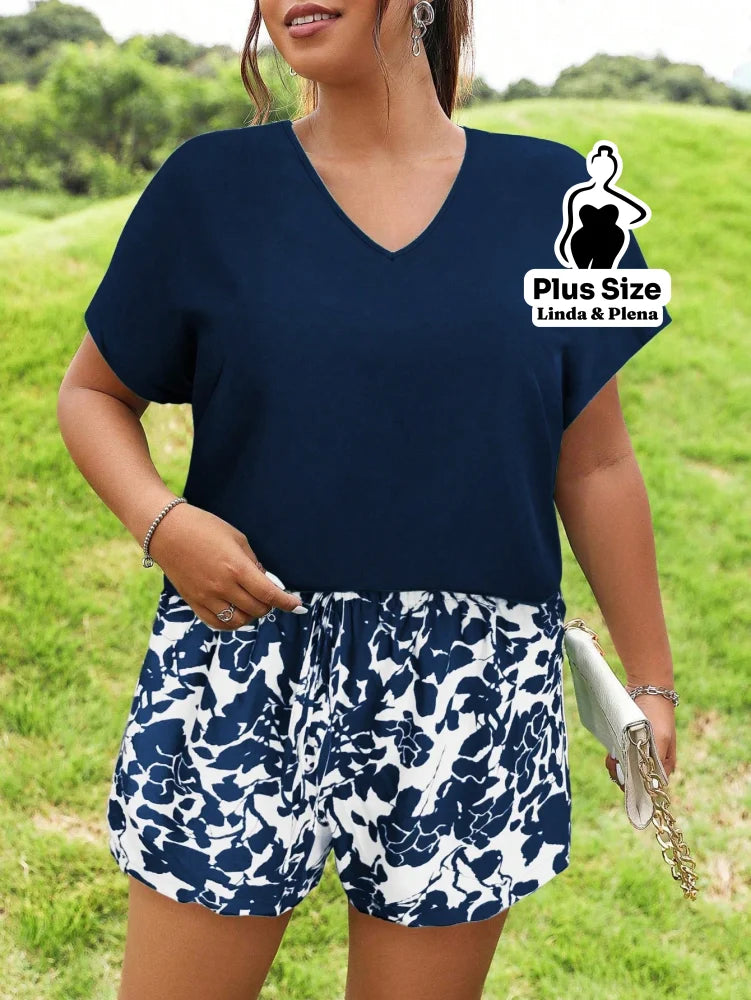 Conjunto Blusa Manga Curta E Short Estampado Plus Size Conjunto Blusa Manga Curta E Short Estampado Plus Size