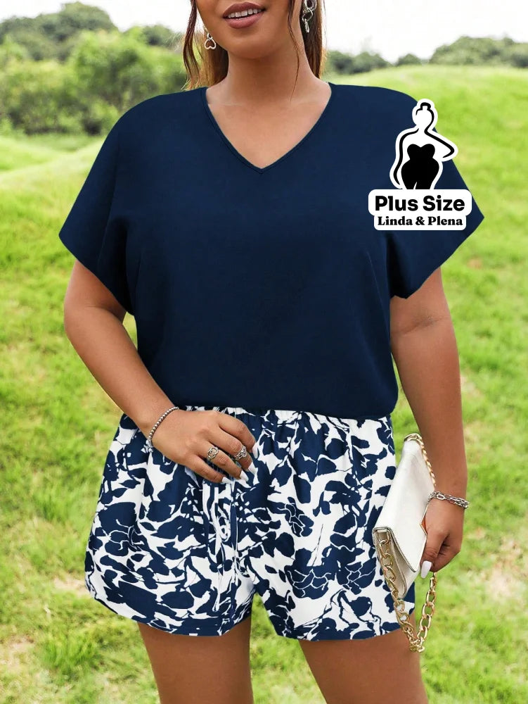 Conjunto Blusa Manga Curta E Short Estampado Plus Size Conjunto Blusa Manga Curta E Short Estampado Plus Size