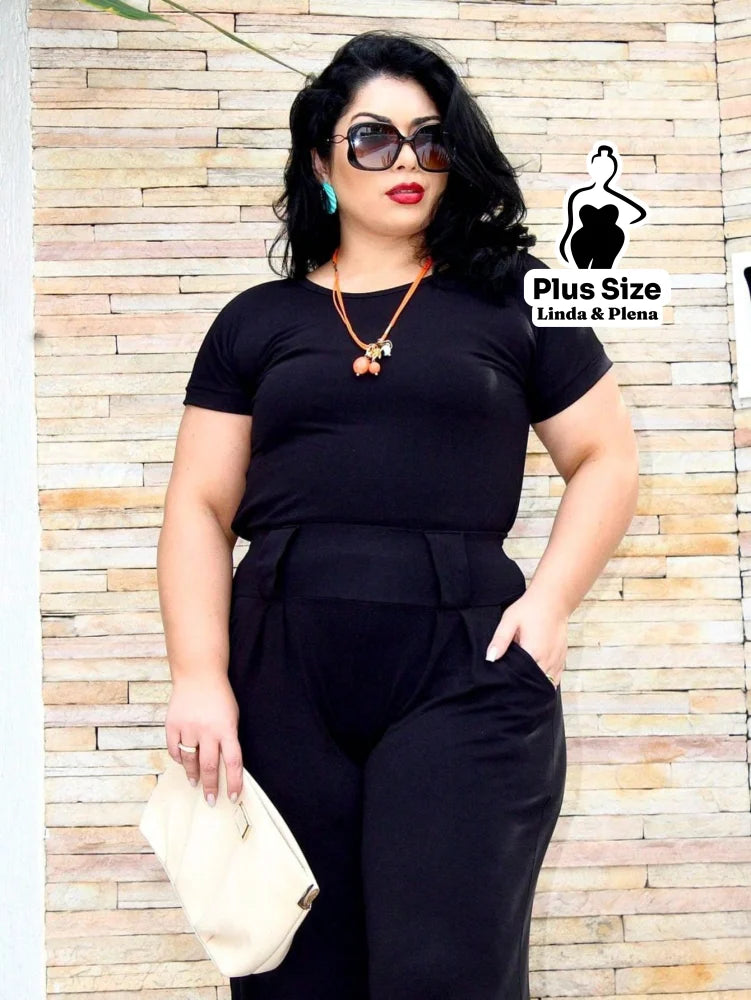 Conjunto Blusa Manga Curta Pantalona Cós Elástico Plus Size Conjunto Blusa Manga Curta Pantalona Cós Elástico Plus Size