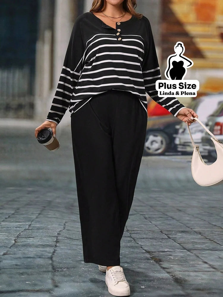 Conjunto Blusa Manga Longa Botões Calça Pantalona Plus Size Conjunto Blusa Manga Longa Botões Calça Pantalona Plus Size