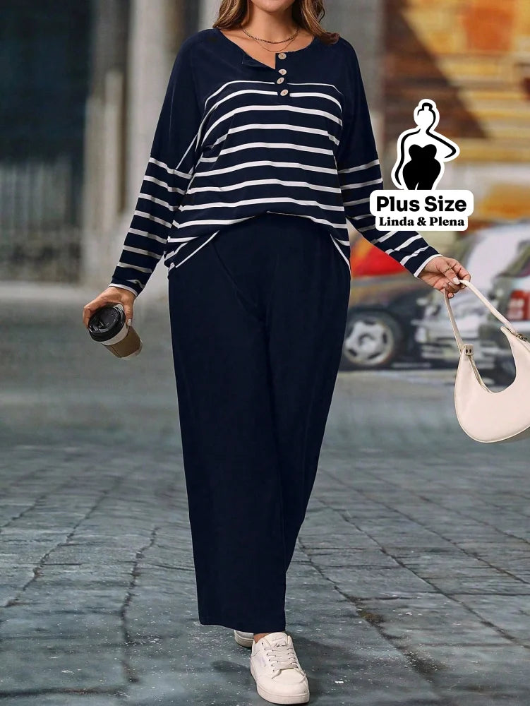 Conjunto Blusa Manga Longa Botões Calça Pantalona Plus Size Conjunto Blusa Manga Longa Botões Calça Pantalona Plus Size