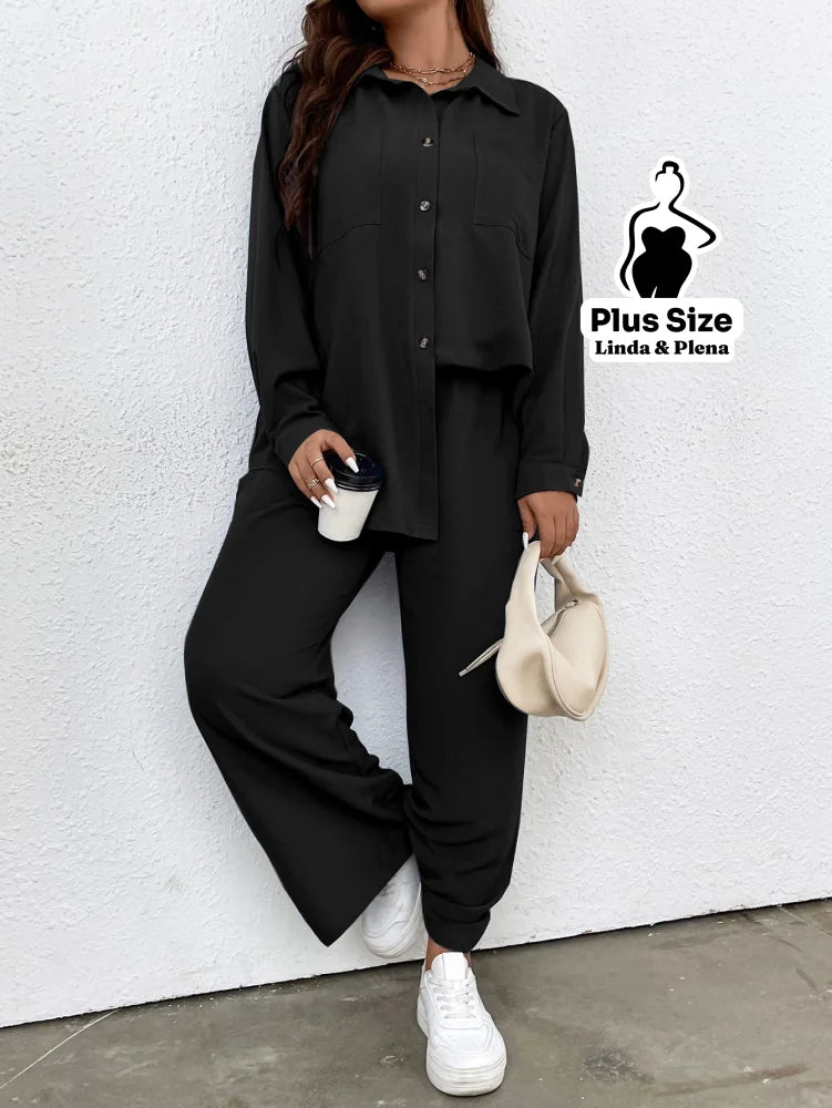 Conjunto Blusa Manga Longa Com Bolso E Calça Pantalona Plus Size Conjunto Blusa Manga Longa Com Bolso E Calça Pantalona
